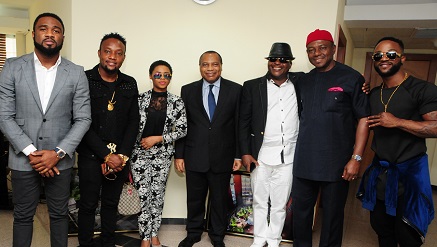 L R Praise, Kc, Chidnma, Dr Eugene Juwah ( Evc Ncc) Sir Shina Peters, Dr Okechukwu Itanyi (Executive Commissioner,Stakeholder Management, NCC ) and Iyanya During the Courtesy Visit to Nigerian Communications Commission Headquarter in Abuja...recently.